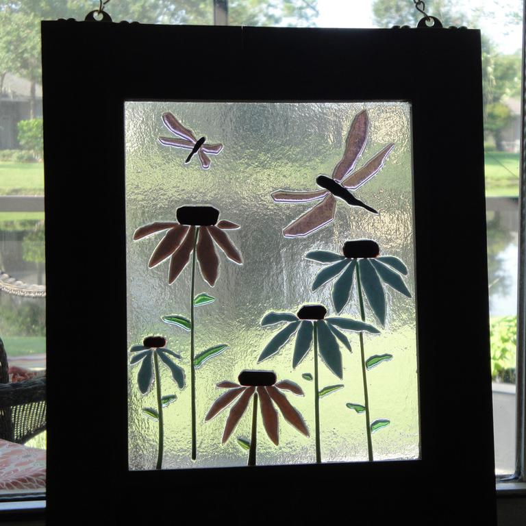 Sharon Warren Glass sharonwarrenglass dragonfly coneflower fused glass art 