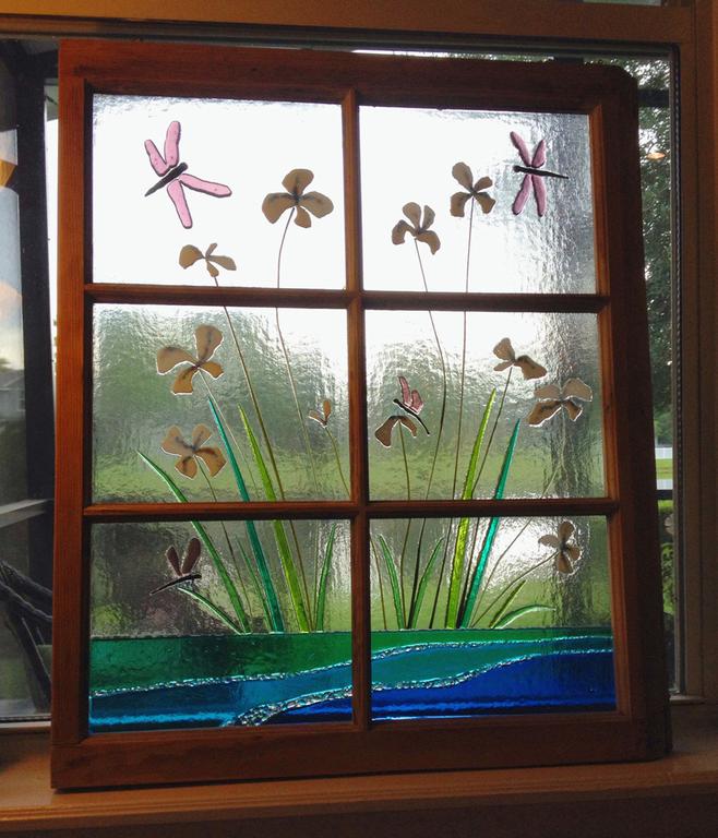 Sharon Warren Glass sharonwarrenglass dragonfly iris window pond water fused glass art 