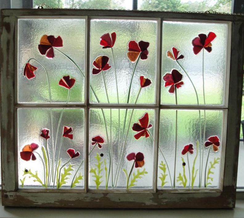 Sharon Warren Glass sharonwarrenglass poppy poppies window fused glass art 